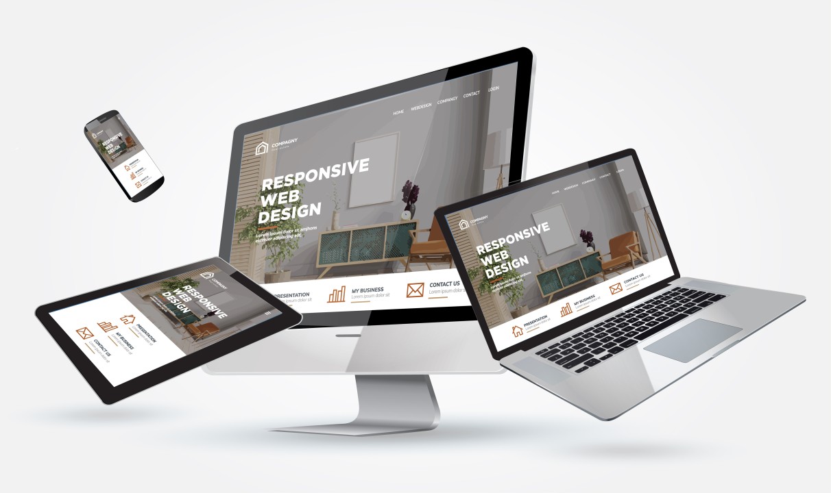 Responsive web design shown on mobile, tablet, laptop, and desktop devices