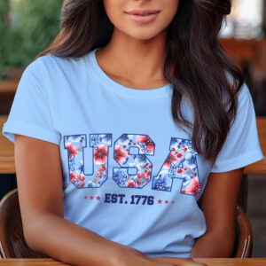 women sitting with USA floral red and blue est. 1176 shirt design