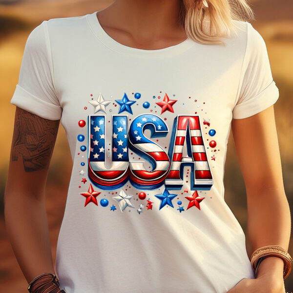 Female wearing a white shirt with "USA" and stars in Red and Blue