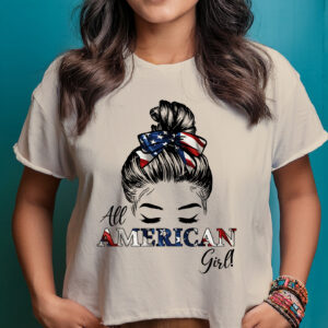Shirt All american Girl design with USA flag in the bow of a sketch of a females hair and upper face