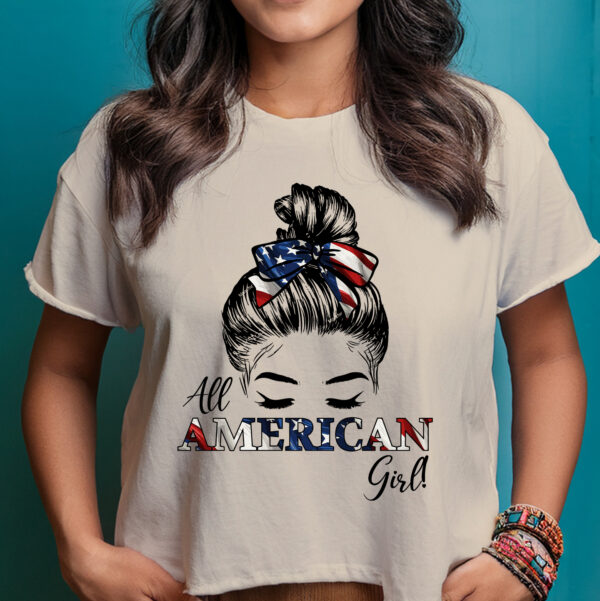 Shirt All american Girl design with USA flag in the bow of a sketch of a females hair and upper face