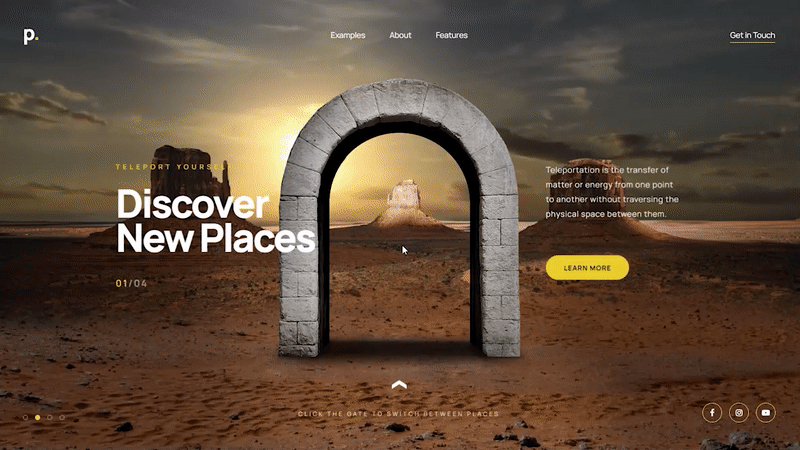 Web template slider showing animated effect and movement on a website banner. Moving through arches "Discover new places" the importance of design being your salesperson