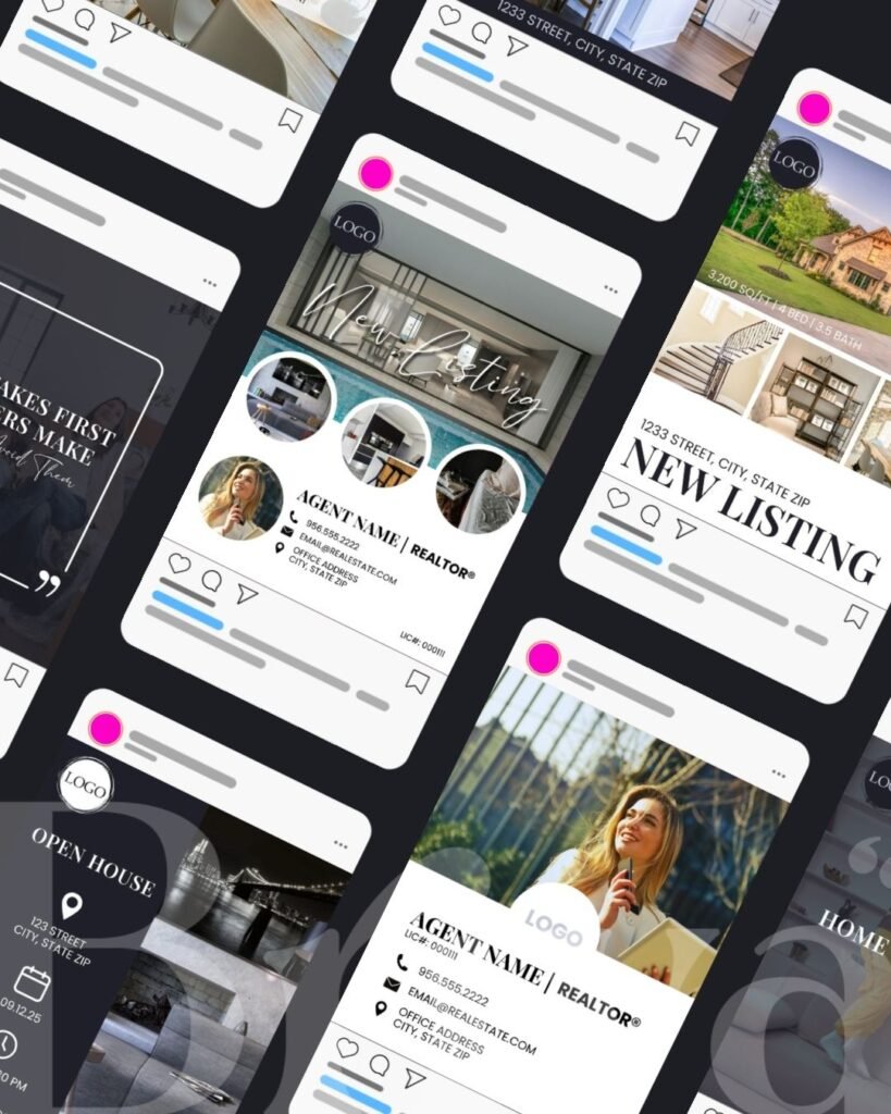 Multiple diagonal social posts of real estate designs made by Briva