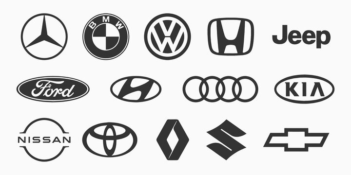 multiple recognized vehicle brand logos in black with white background